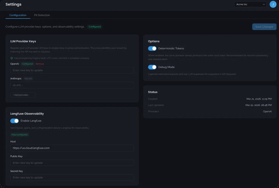 Configuration: LLM provider keys, deterministic tokens and debug options, and Langfuse observability settings